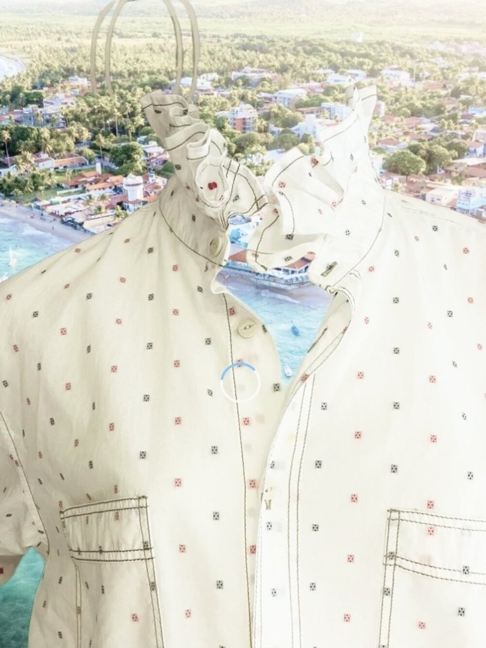 Upcycled men’s shirt ruffle collar , white with red and blue dots